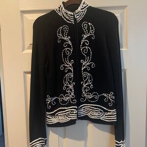 White House Black Market Black/Ivory Double Zip Cardigan Sweater sz M